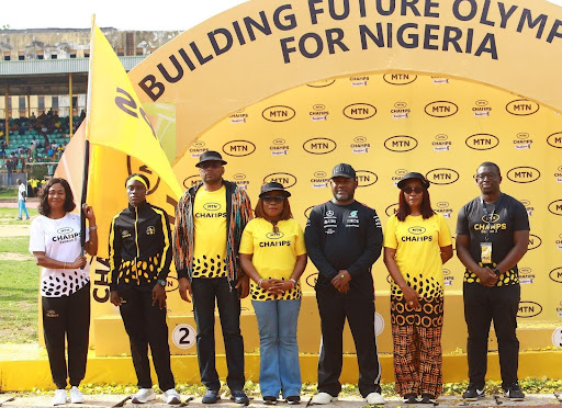 L-R: Mary Onyali, Five-time Olympic Athlete; Jane Onyeneho, MTN Champs Athlete; Ibe Etea, General Manager, Internal Audit and Fraud Management, MTN Nigeria; Esther Akinnukawe, Chief Human Resources Officer, MTN Nigeria; Lekan Fatodu, Director General, Lagos State Sports Commission; Ugonwa Nwoye, Chief Customer Relations Officer, MTN Nigeria and Bambo Akani, CEO, Making of Champions (MoC) at the closing ceremony of the MTN Champs Season 3 (Lagos) Continental Relays on April 12, 2025.The Lagos leg of the MTN Champs Season 3 Continental Relays concluded in grand style on
