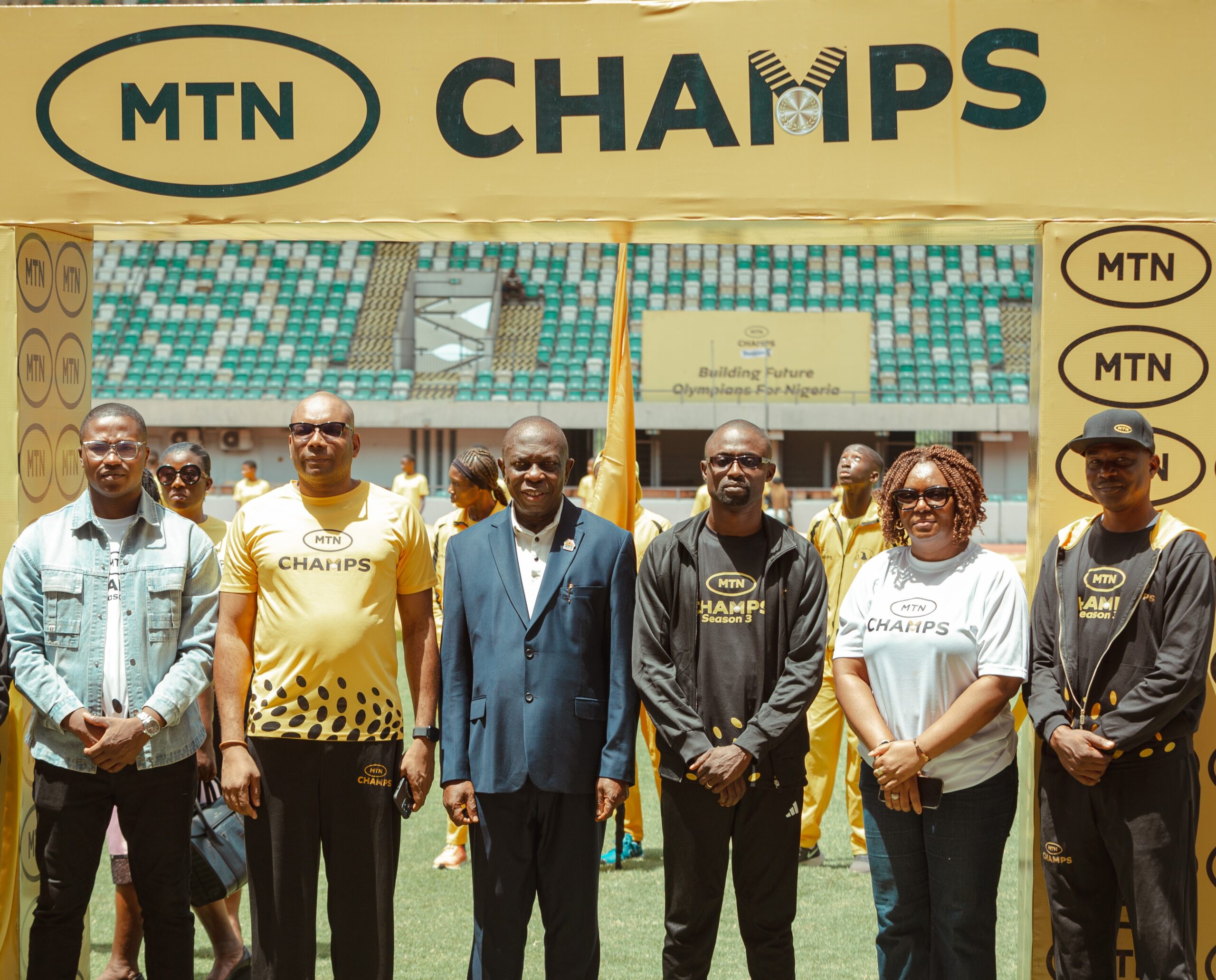 L-R: Deji Ogeyingbo, Country Manager, Making of Champions (MoC); Ibe Etea, General Manager, Internal Audit & Forensic Services, MTN Nigeria; Elder Paul Bassey, Commissioner of Sports, Akwa Ibom State; Prof. Ubong Essien Umoh, Commissioner of Education, Akwa Ibom state; Emmamoke Ogoro, General Manager, Brand and Communication, MTN Nigeria and Callima Inino, Regional General Manager, Operations - East, MTN Nigeria at the MTN Champs Season 3 Grand Final opening held at the Godswill Akpabio Stadium on Tuesday, May 9, 2025.
